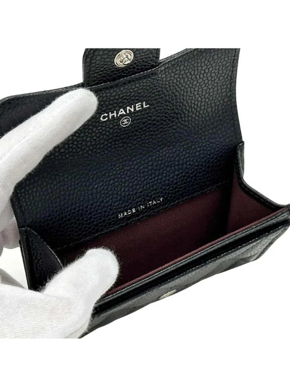 Chanel Card Case Quilted Caviar Leather Black Silver Business Holder Compact